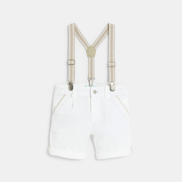 شورت برمودا من القطن الفاخر ببنسات وحمّالات، باللون الأبيض للأولاد الصغار